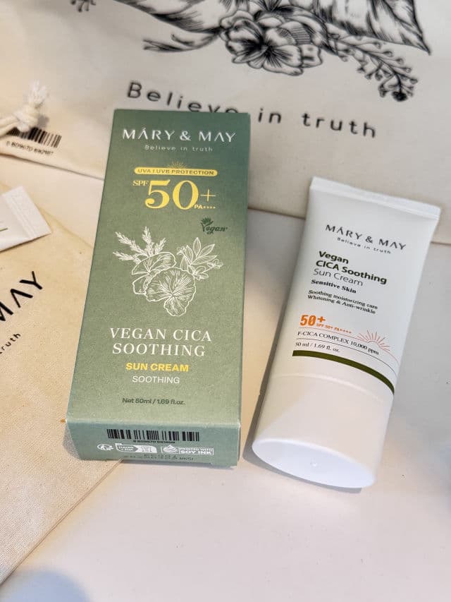 Mary&May Vegan Cica Soothing Sun Cream SPF50+ PA++++  review photo by birdbrainbeauty 