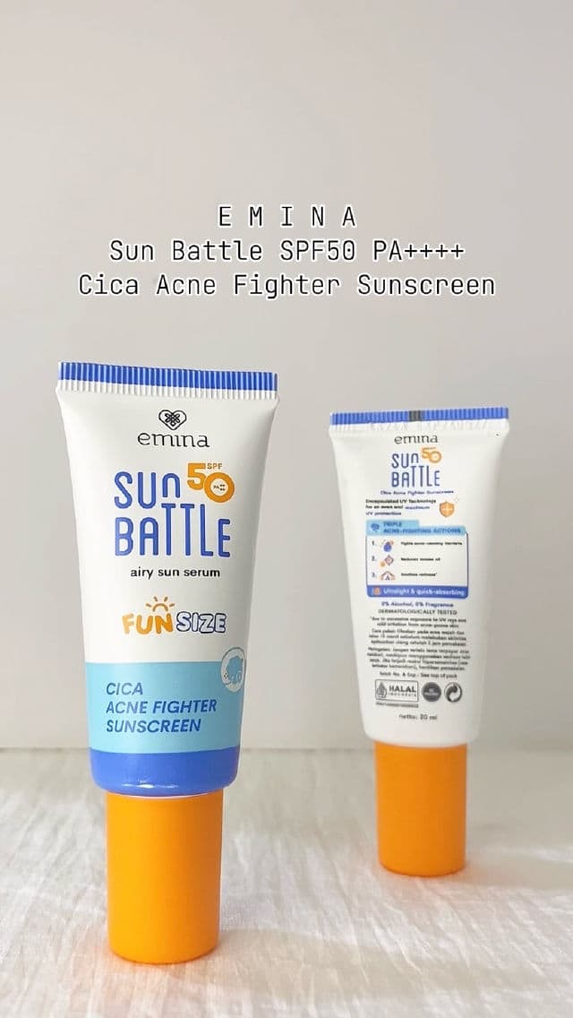 Emina Sun Battle Cica Acne Fighter Sunscreen SPF50 PA++++ review photo by evabilqistafdila
