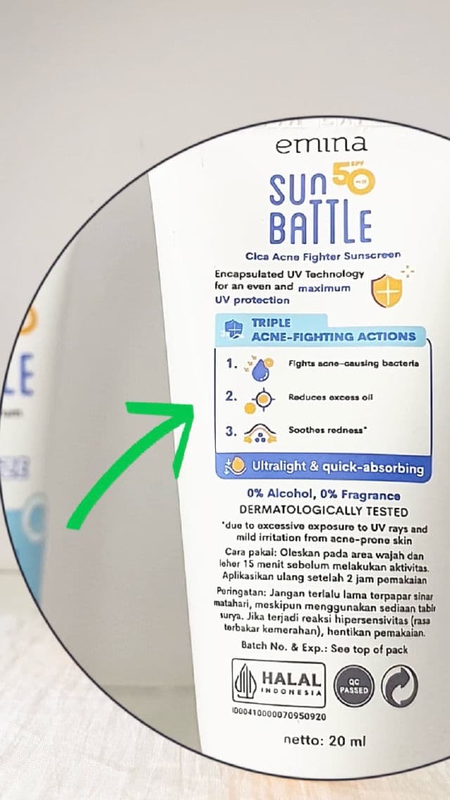 Emina Sun Battle Cica Acne Fighter Sunscreen SPF50 PA++++ review photo by evabilqistafdila