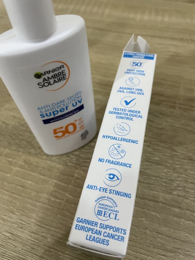 Garnier Ambre Solaire Super UV Anti Dark Spots & Anti Pollution Face Fluid SPF50+ review photo by BabybanksBrown