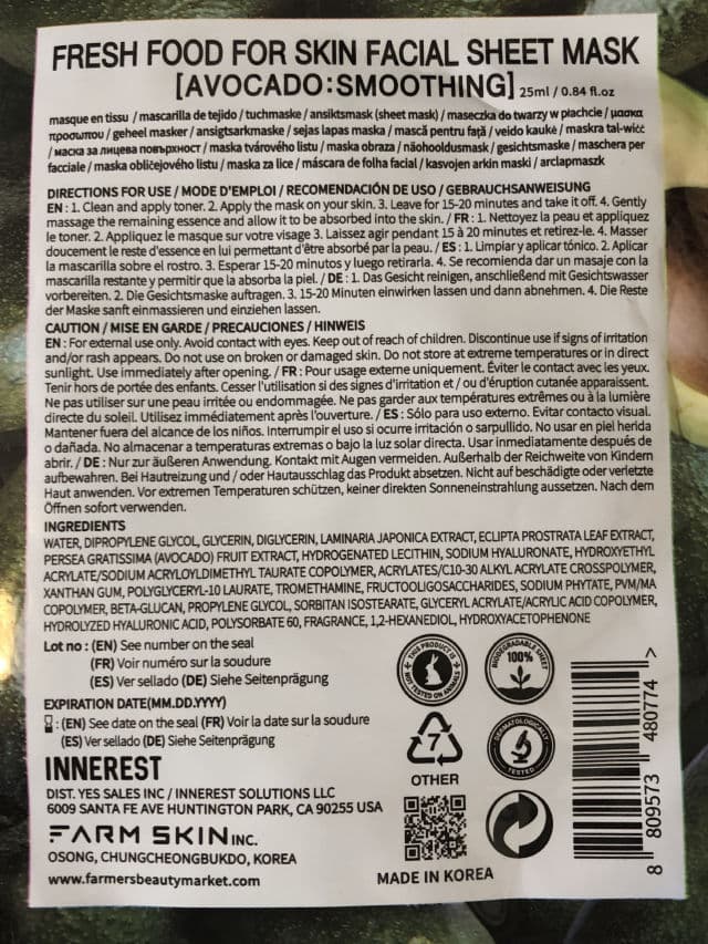 Farmskin Fresh Food For Skin Facial Sheet Mask - Avocado (Smoothing) review photo by Lingua