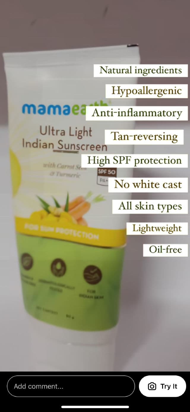Mamaearth Ultra Light Indian Sunscreen with Carrot Seed, Turmeric & SPF 50 PA+++ review photo by Skincarehike