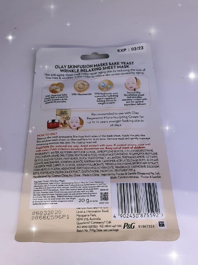 Olay Skinfusion Sake Yeast Wrinkle Relaxing Sheet Mask review photo by Amelll