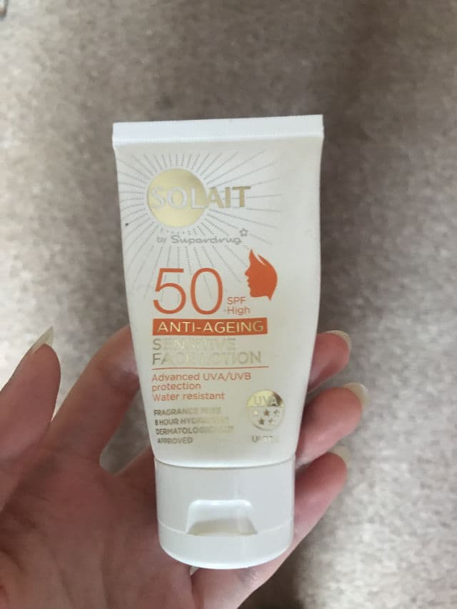 Superdrug Solait Anti-Ageing Sensitive Face Sun Cream SPF50 review photo by HoneyBeautyBlog