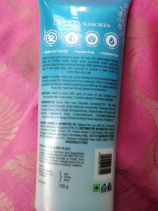 LAFZ Aqua Sunscreen SPF 50 PA+++ review photo by Nishat